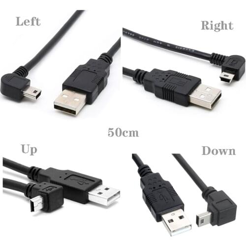 50cm 90 degree angled MINI USB Cable MINI B type to USB2.0 Male data & charge cable for MP3 MP4 GPS
