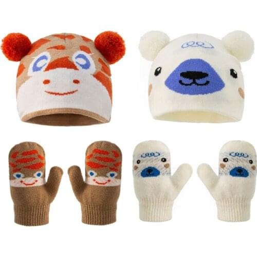 67JC Cute Baby Pompon Hat Set Thicken Warmer Children Glove Suit for Newborn Knitted