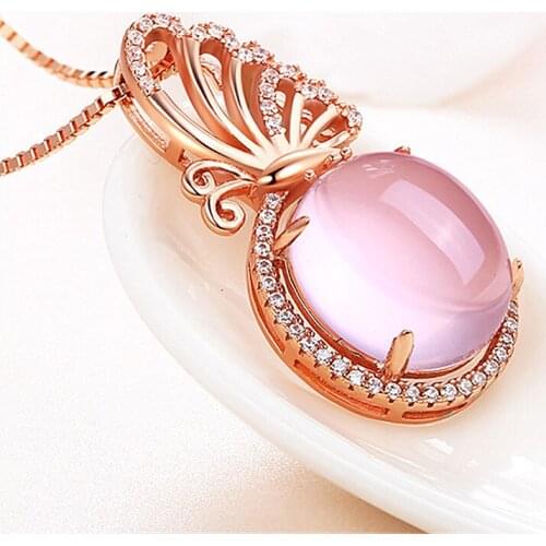 Grace Exquisite Rose Gold Plated Butterfly Necklace Natural Pink Gems Crystal Necklace Bridal Wedding Jewelry Lovers Xmas Gifts