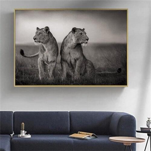 Black and White African Lion Wild Animal Posters and Prints Landscape Canvas Painting Art Nature Wall Picture for Living Room