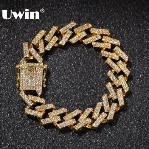 UWIN Fashion Mens Bracelet Full Iced Out Rhinestones 15mm Prong Cuban Link Bracelets Blue/black Multi-colored HIphop Jewelry