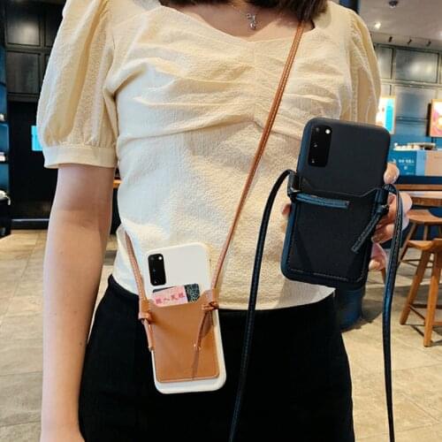 Luxury Real Leather Card Pocket Cover For Samsung Galaxy S21 S20 S10 S8 S9 Plus Ultra S20 FE Note 8 9 10 20 Neck Rope Soft Cover