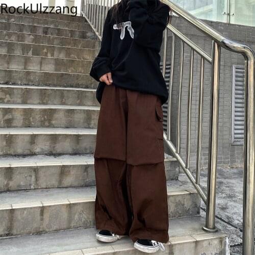 Japanese Solid Big Pocket Tracksuit Drawstring High Waist Loose Wide Bloomers Cargo Jogger Pant Baggy Woman Man Retro Streetwear