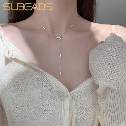Subeads 925 Sterling Silver Hexagram Star Tassel Choker Necklace For Women Crystal Star Clavicle Chain Necklace Jewelry Gifts