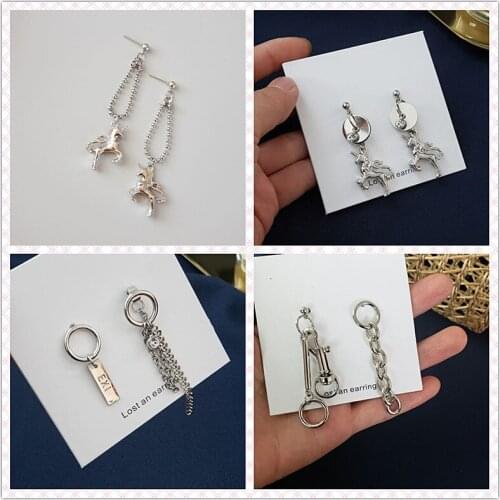 Timlee E265 Personality Retro Unicorn Geometry Round Tassels Chain Asymmetric Alloy Drop Earrings Fashion Jewelry Wholesale