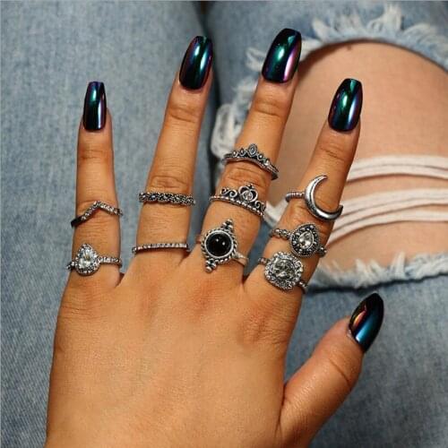 Vintage Bohemian Ring Set Punk Antique Silver Color Leaf moon Shield Geometric Knuckle Midi Rings for Women Jewelry Gifts