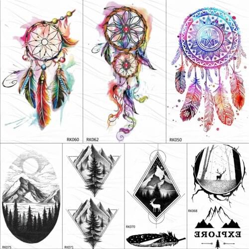 OMMGO Beauty Dream Catcher Feather Temporary Tattoos Sticker Watercolor Mehndi Henna Tattoo Body Art Arm Fake Tatoos Sexy Girls