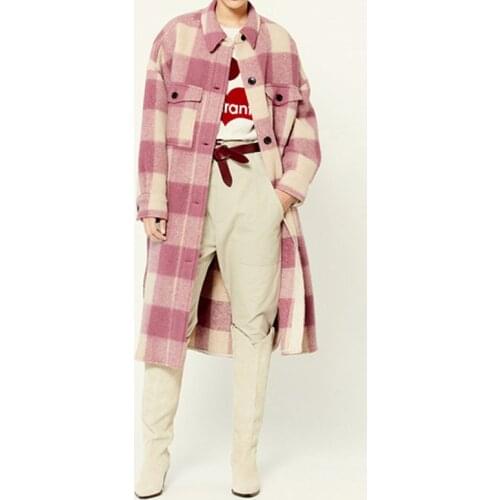 Women Long Sleeve Woolen Mid-Length Jacket Plaid Single Breasted Ladies Turn-Down Collar Autumn Winter Loose Coat Outwear Top