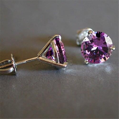Charm Female 6/7/8mm Three-Prong Martini Stud Earrings Silver Color Earrings For Women Small Purple Round Zircon Stone Earrings