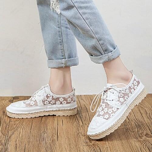 Womens Single Shoes Lace Embroider Floral Lace-Up Rope Compilation Female Vulcanized Shoes Breathable Leisure Ladies Footwear