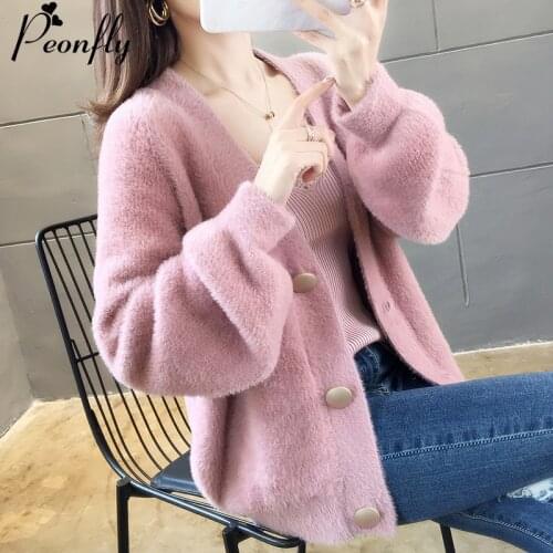 PEONFLY Fashion Faux Fur Cardigan Women New 2019 Autumn Winter Solid Color Coat Soft Casual Single Breasted Sweater Femme