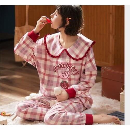 Women Lovely Sweet Strawbeery Sleepwear Autumn Cute Cartoon Print Long Sleeve Pajama Set