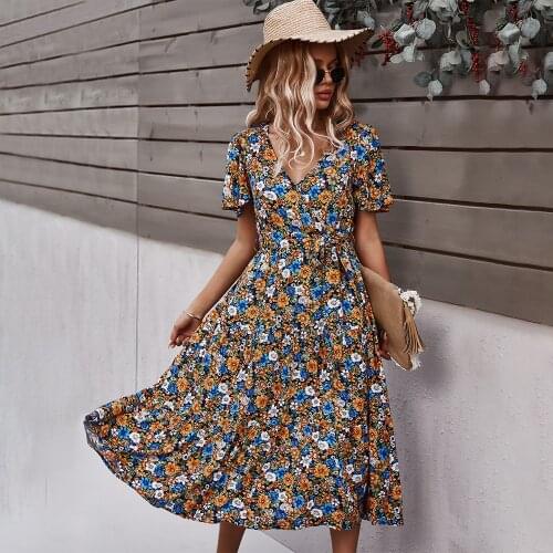 Summer Dress Femme Robes Women Print Dresses V-neck Short Sleeve High Waist Bohemian Dress For Women Clothing Loose Long Dress