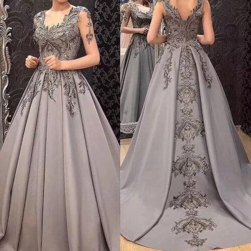 Gray A-Line Evening Dresses 2021 Women Formal Party Night Robe De Soiree Elegant Appliques Transparent Long Sleeves Prom Dress
