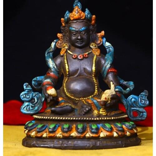 6" Tibet Buddhism Old Bronze Paint color Yellow God of Wealth Buddha Statue Statuette Tantra Protector Enshrine the Buddha