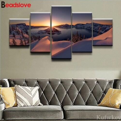 Full Square 5D DIY Diamond painting Nature Scenery Diamond embroidery 5 Panels Sunrise Winter Lake Cross stitch mosaic Painting