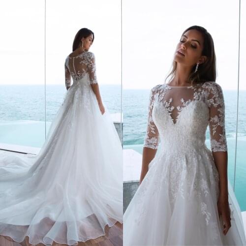 Princess White Wedding Dress Illusion Tulle Gowns Appliques Court Train Custom Made Bridal Gowns