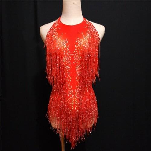 Shining Rhinestones Purple Red Tassels Bodysuit Female Costume Sexy Backless Stretch Bodysuits Bar DJ Singer Performance Outfit