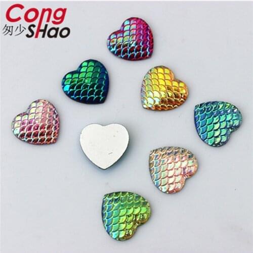 Cong Shao 200PCS 14mm AB Colorful Heart FlatBack stones and crystal Resin Rhinestone trim Gems For Costume Button Crafts CS651
