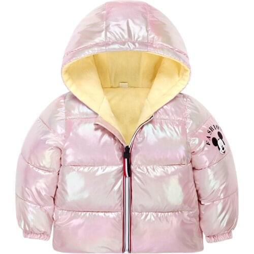 Children Winter Coat Cartoon Mickey Cotton Hooded Jacket Zipper Top Outwear Bright Color Fabric Windproof Warm Kids Sweatshirt