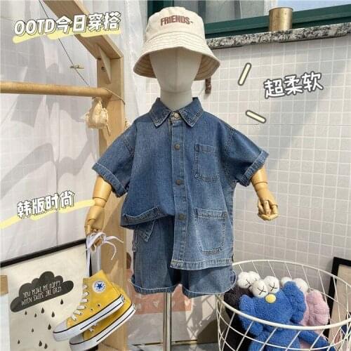 2021 Spring New Korean Style Kids Boys Denim Clothing Set Children Fashion Casual 2 pcs set shirt +shorts Set Fashion 2-8 years