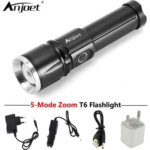 ANJOET Travel flashlight 5 Modes XML-T6 LED Zoom Torch Rechargeable flash Lamp Outdoor adventure camping Charger + USB Adapter