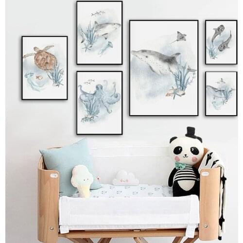 Deep Ocean Whale Shark Sea Turtle Fish Nursery Wall Art Canvas Painting Posters And Prints Wall Pictures Kids Baby Room Decor