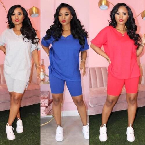 Two Piece Set Women Summer Outfits 2021 Short Sleeve V Neck Tee Shirts Solid Color Casual Sport 2 Piece Matching Biker Sets