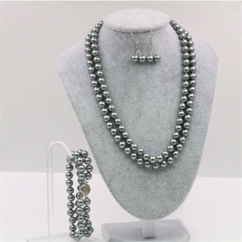 2rows 8mm Dark Gray Shell Round Beads Pearl Necklace 17-18inch Bracelet 7.5inch Earrings 3 Piece Set Women Jewelry Set Gift Y105