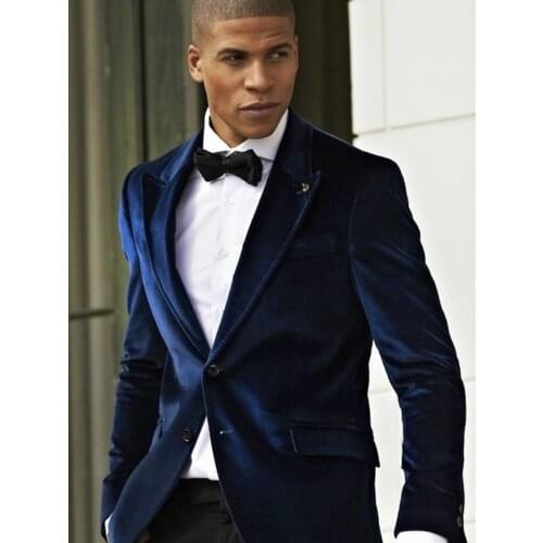 ANNIEBRITNEY 2 Piece Navy Velvet Men Suit With Black Wool Pants Custom Groom Wedding Tuxedo 2 Piece Slim Fit Prom Wedding Suit