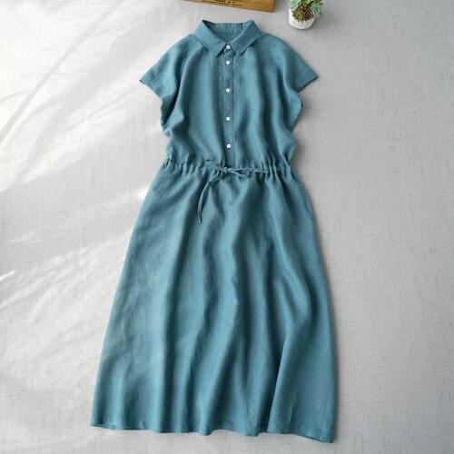 Summer Women Simple Elegance On-trend Comfortable Natural Fabric Drawstring Waist Water Washed Linen Dresses W/h Side Pockets