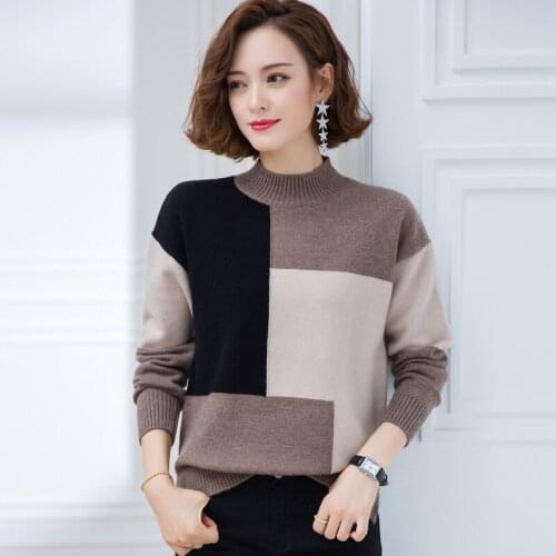 High neck soft women sweater 100% wool knit pullover long sleeve women fashion stitching pullover high quality h00203