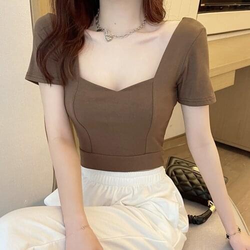 2021 Summer New French Style Clavicle Square Neck T-Shirt Women Short-Sleeved Ins Temperament Light Mature Slim Short Top Tide