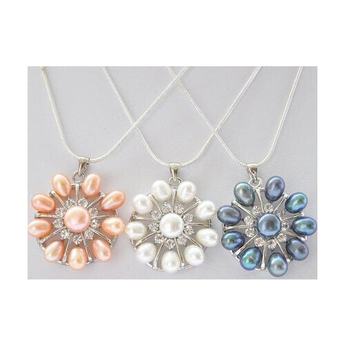 3pcs 32mm black pink white freshwater pearl flower pendant necklace