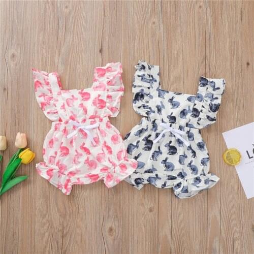 2021 Summer Cute Newborn Baby Girl Boys Easter Rompers Ruffles Sleeveless Rabbit Print Elastic Jumpsuit Summer Clothes