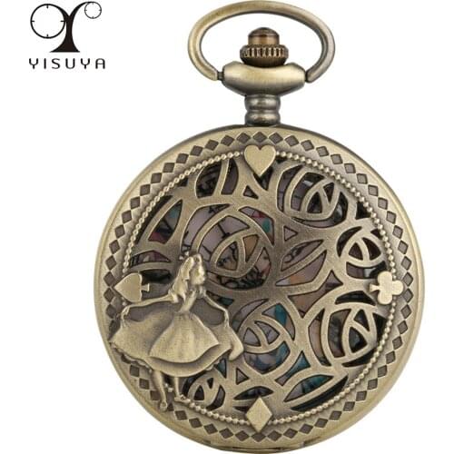 Hollow Bronze Princess Quartz Pocket Watch Roman Numerals Dial Vintage Pendant Sweater Chain Antique Necklace Clock Gifts Girl