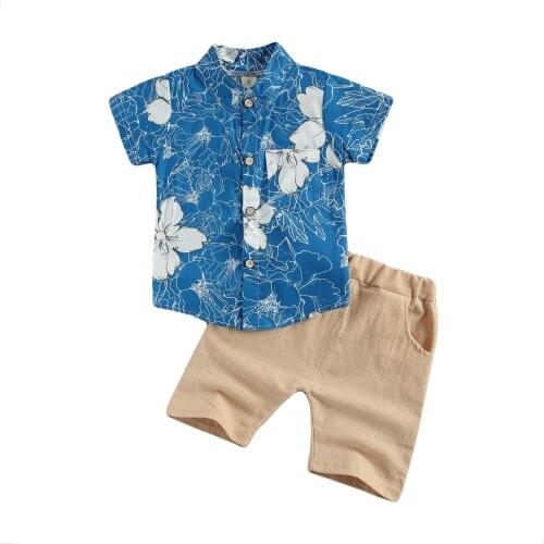 Pudcoco 1-5 Years Kids Baby Boys 2-piece Summer Outfit Suit Short Sleeve Floral Print Shirt+Shorts Cozy Set for Children Boys