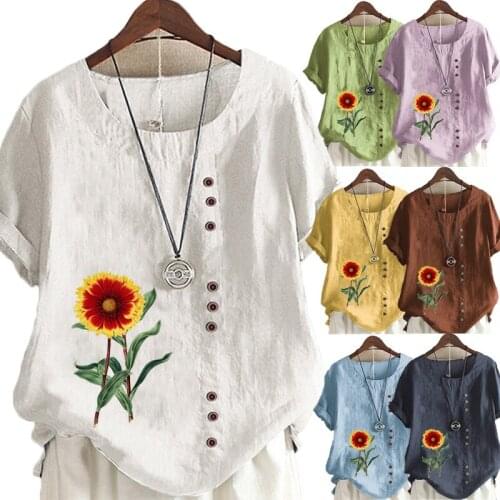 2021 Fashion Summer New Sunflower Print Loose T-shirt Retro Cotton Linen O-Neck Short Sleeve Womens Top S-5XL