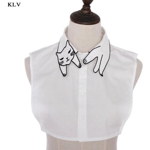 Retro British Style Women Girls Cotton False Fake Collar Cute Cartoon Cat Embroidery Casual Detachable Lapel Half-Shirt Blouse