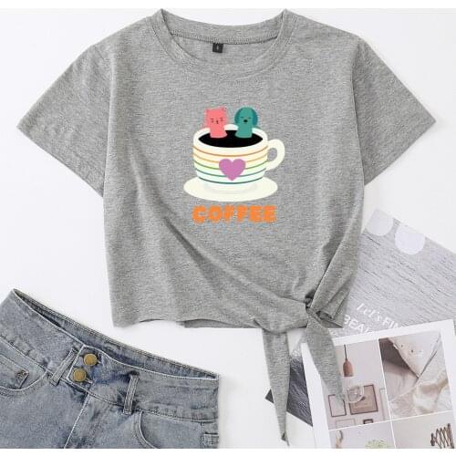 Funny Cat Dog Coffee Bath Cup Womens Summer Casual Short-sleeve Print Cotton T-shirt Cropped Tops Graphic Tee with Front Knot