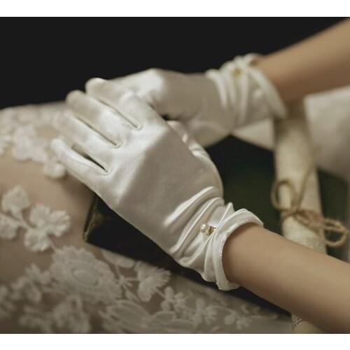 Women Wedding Bridal Short Gloves Satin Full Finger Wrist Length Costume Prom Party Gloves