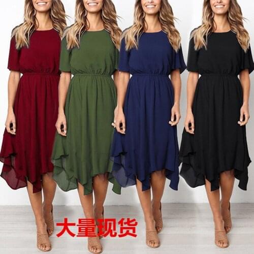 Dress Women Summer new irregular elastic waist dress short sleeves solid color Dresses Casual Vestidos ZXP013
