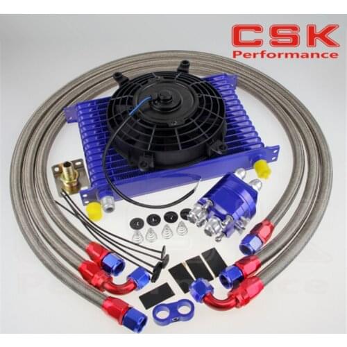 15 Row 10AN Universal engine Transmission Oil Cooler +relocation adapter kit+ 7" Electric Fan Kit black