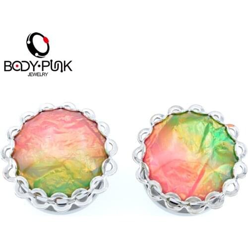 BODY PUNK 2Pcs Ear Plugs Tunnel Stainless Steel Piercing Pink Foil Filigree Ear Expander Stretcher Flesh Tunnel Body Jewelry