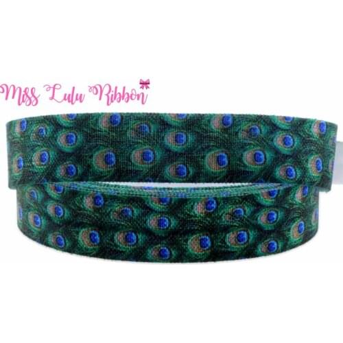 5/8"16mm peacock feather printed fold over elastic ribbon Diy handmade hair bows party decoration gift wrap 50 yards