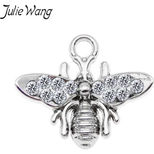 Julie Wang 6PCS Bee Charms Alloy Insect Rhinestone Gold Silver Color Honeybee Necklace Pendant Bracelet Accessory Jewelry Making