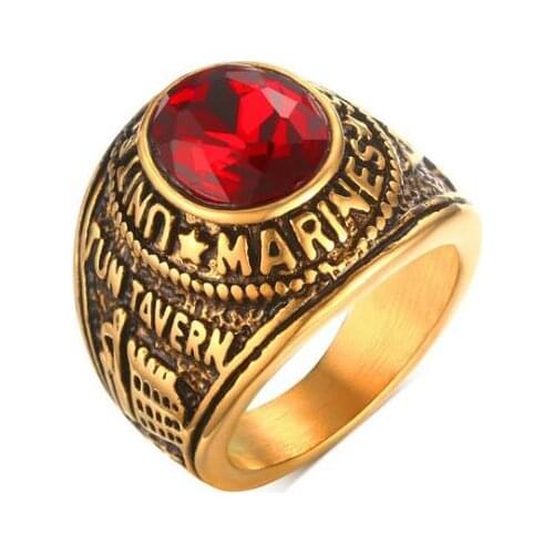 For Freinds Family Gifts Gold stainless steel army corps Ring Band Large Red zircon Stone 8-12# Unisex Men jewelry