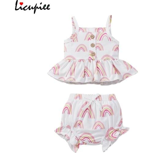 0-24 Months Girls Summer Two Piece Set Fashion Rainbow Button Suspender Tops and Ruffles Triangle Short Pants