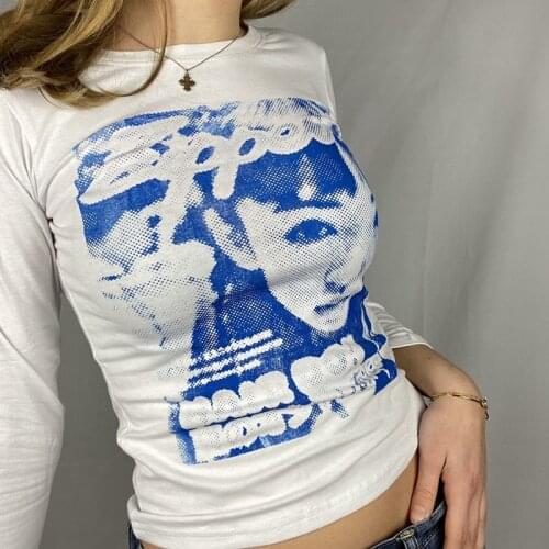 Y2K Spring Autumn Long Sleeve Slim Fit Crop Top E-girl Vintage Graphic Print T-shirt Aesthetic Women Sweats Tees Top Streetwear