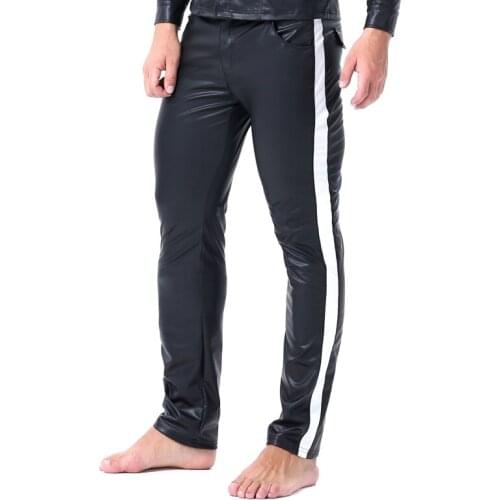 Men Sexy stripe Faux Leather Lingerie Exotic Pants PU Latex Catsuit zipper crotch PVC Clubwear gay fetish Pants leggings zentai